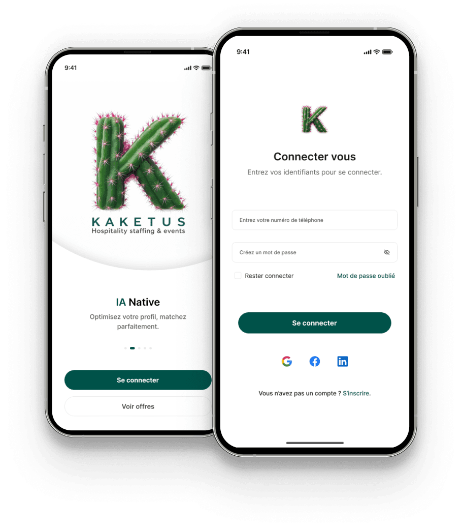 Ecrans mobiles KAKETUS montrant le profil et l'onboarding